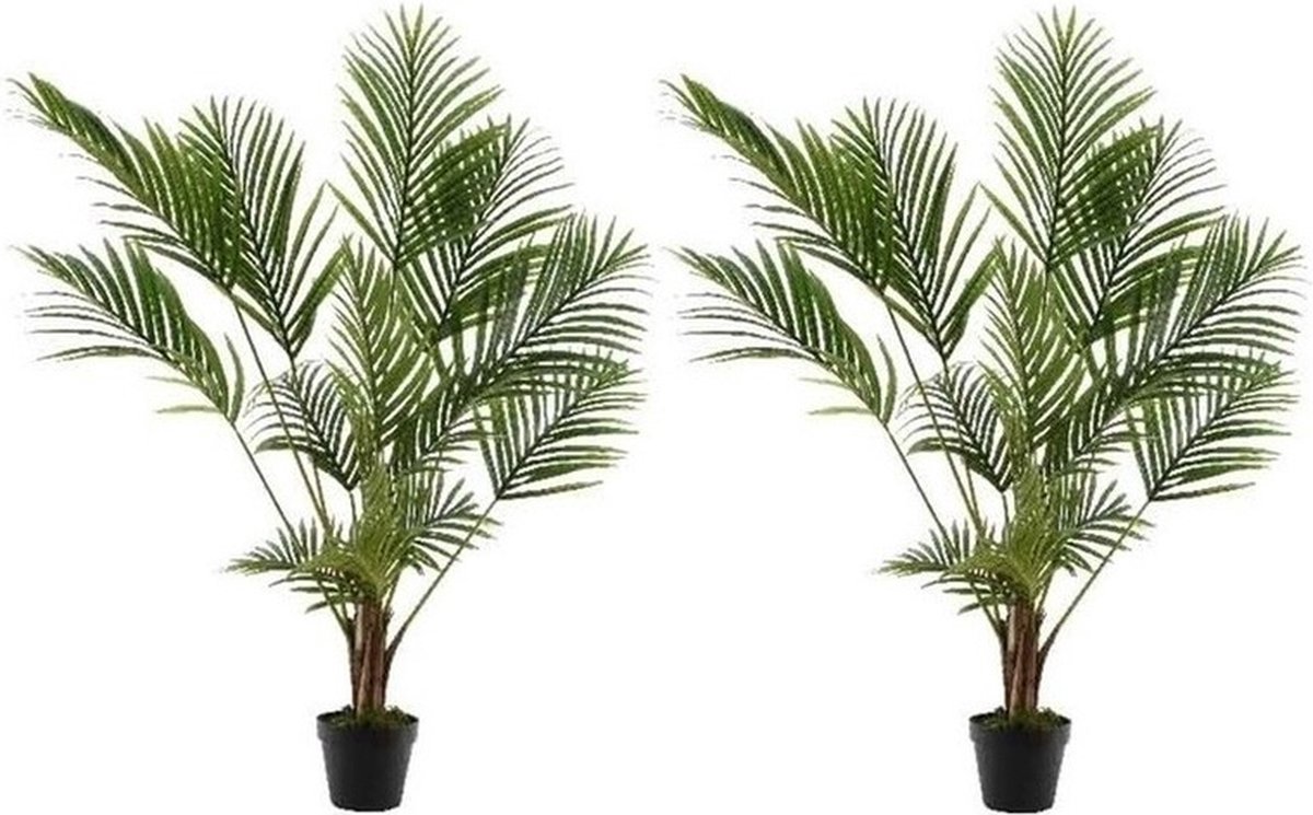 Bellatio Flowers & Plants 2x Groene Areca/goudpalm kunstplant 125 cm in zwarte plastic pot - Kamerplant kunstplanten/nepplanten