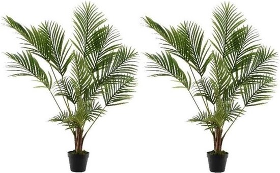 2x Groene Areca/goudpalm kunstplant 125 cm in zwarte plastic pot - Kamerplant kunstplanten/nepplanten