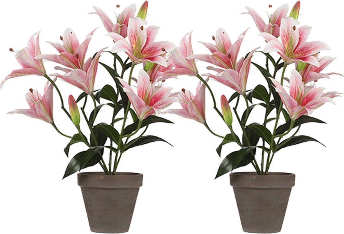 Shoppartners 2x Roze Tigerlily/tijgerlelie kunstplant 47 cm in grijze plastic pot - Kunstplanten/nepplanten