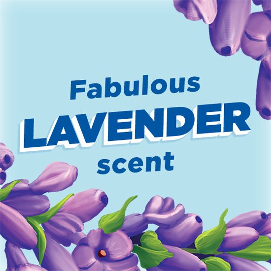 Tekst "Fabulous LAVENDER scent" op een blauwe achtergrond, omringd door lavendelbloemen.