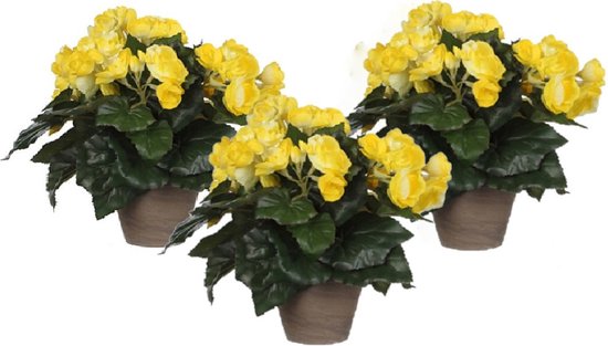 3x stuks gele Begonia kunstplant met bloemen 30 cm in grijze pot - Kunstplanten/nepplanten - Voor binnen