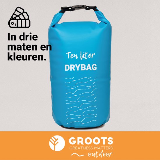 Blauwe 10 liter drybag met witte tekst 'Ten liter DRYBAG' tegen een egale achtergrond.