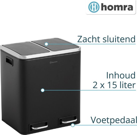 Poubelle à tri sélectif Homra SPARQ avec 3 compartiments - Contenu 3 x 18 L - Poubelle trio à pédale en noir - Poubelle 54 litres