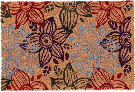 Paillasson en noix de coco Relaxdays - paillasson avant 60x40 cm - tapis anti-dérapant à sec fleurs - tapis en noix de coco