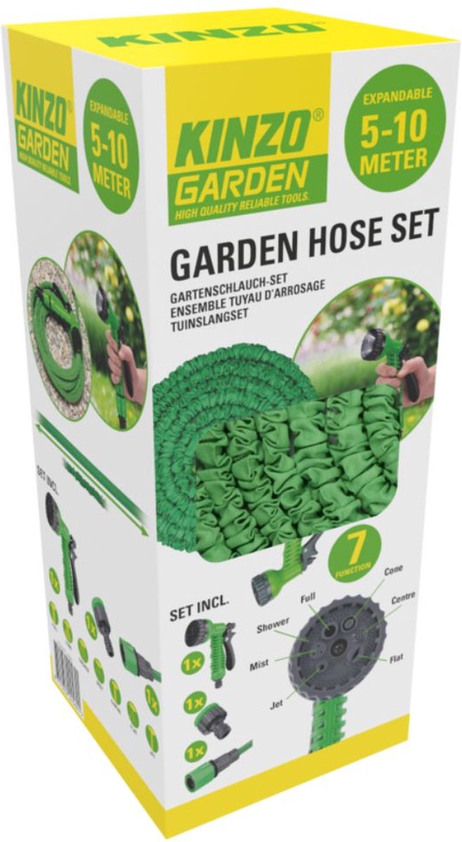Kinzo Flexibele Tuinslang 10M - Incl. Opzetstuk - Sproeikop met 7 Spraystanden - Kunststof - Groen/Grijs thumbnail 5