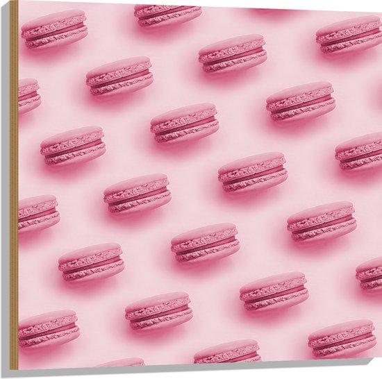 Hout - Patroon van Roze Macarons tegen Roze Achtergrond - 80x80 cm - 9 mm dik - Foto op Hout (Met Ophangsysteem)