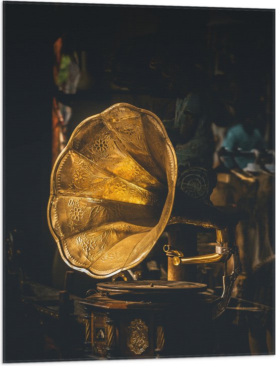 Vlag - Gouden Glimmende Grammofoon - 60x80 cm Foto op Polyester Vlag