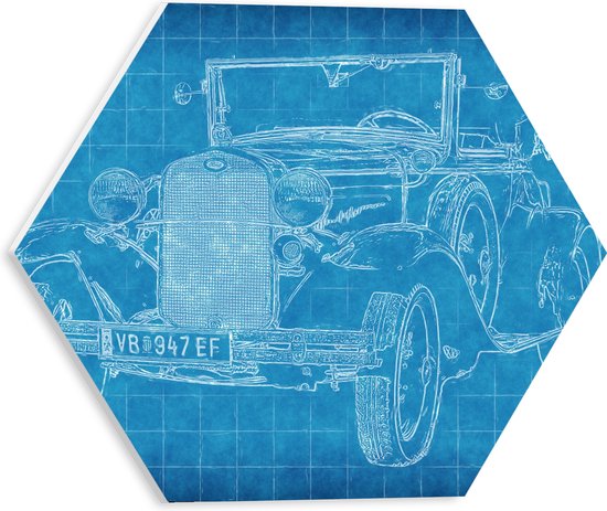 PVC Schuimplaat Hexagon - Blauwdruk van Oude Grote Auto - 30x26.1 cm Foto op Hexagon (Met Ophangsysteem)