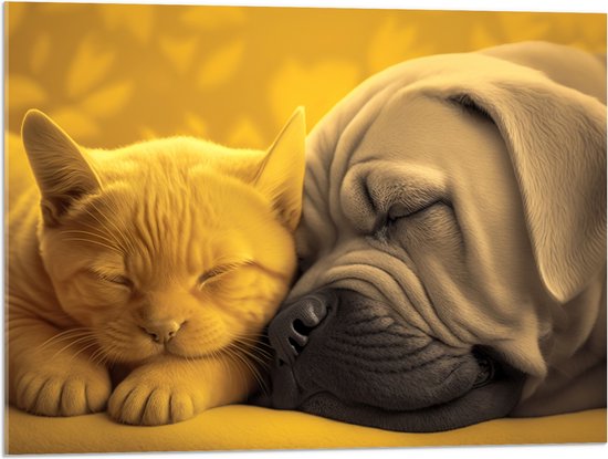Acrylglas - Liefdevolle Slapende Kitten bij Puppy - 80x60 cm Foto op Acrylglas (Wanddecoratie op Acrylaat)