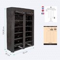 Zwart stoffen schoenenrek van 124,50 cm hoog, 92 cm breed en 29 cm diep, met afmetingen.