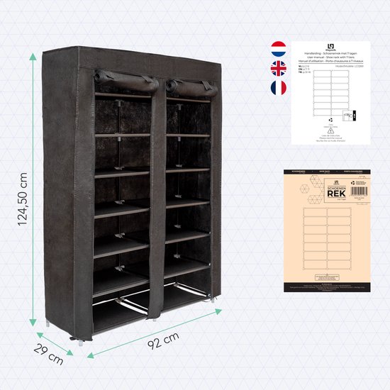 Zwart stoffen schoenenrek van 124,50 cm hoog, 92 cm breed en 29 cm diep, met afmetingen.