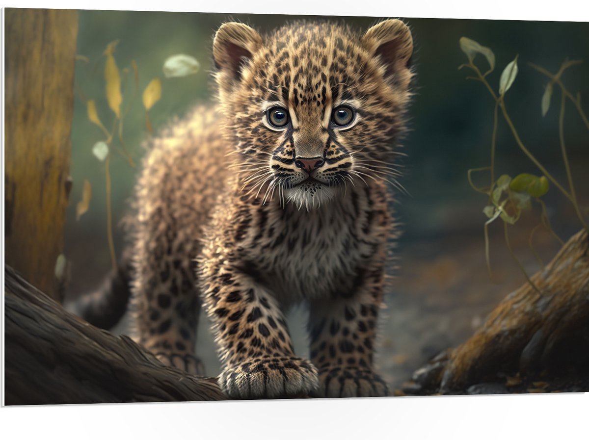 PVC Schuimplaat - Pluizige Baby Luipaard lopend over Boomstronken - 105x70 cm Foto op PVC Schuimplaat (Met Ophangsysteem)