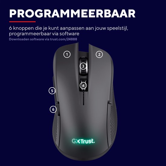 Zwarte gaming muis met 6 programmeerbare knoppen en GXTrust logo.