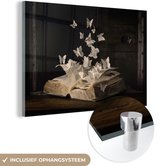 Glasschilderij - Boek - Vlinders - Papier - Stilleven - Schilderij glas - 120x80 cm - Foto op glas - Wanddecoratie - Muurdecoratie