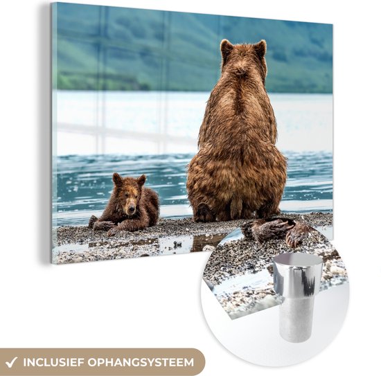 MuchoWow - Glasschilderij - Beer - Dieren - Water - Bruin - Natuur - Schilderij glas - 180x120 cm - Foto op glas