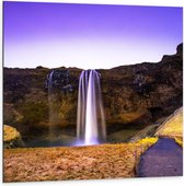 Dibond - Pad langs Rotsen met Watervallen - 100x100 cm Foto op Aluminium (Met Ophangsysteem)