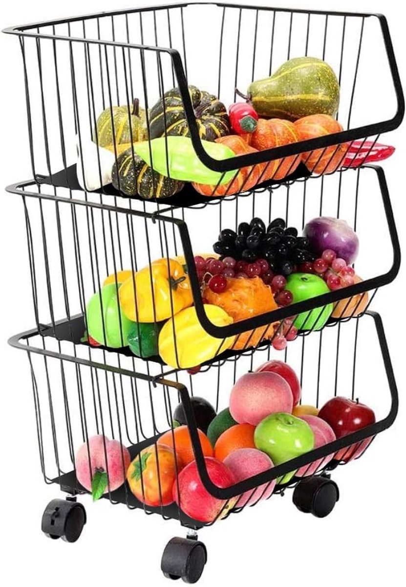 opbergmanden 3 niveaus stapelmanden huishoudelijke roestvrijstalen opbergrek trolley met wielen voor de keuken badkamer, zwart
