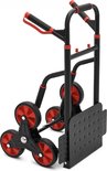 Zwarte steekwagen met rode accenten en drievoudige rode wielstellen.