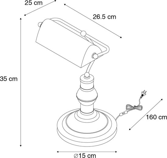 Représentation schématique d'une lampe de bureau avec dimensions : hauteur 35 cm, largeur 26,5 cm, diamètre base 15 cm.