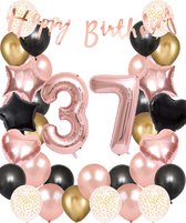 Snoes Ballonnen 37 Jaar Set Mega Rose Black Zwart Ballonen set - Compleet Feestpakket Cijferballon 37 Jaar - Verjaardag Versiering Slinger Happy Birthday – Folieballon – Latex Ballonnen - Helium Ballonnen