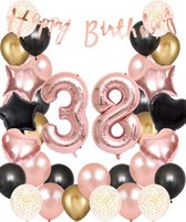 Snoes Ballonnen 38 Jaar Set Mega Rose Black Zwart Ballonen set - Compleet Feestpakket Cijferballon 38 Jaar - Verjaardag Versiering Slinger Happy Birthday – Folieballon – Latex Ballonnen - Helium Ballonnen