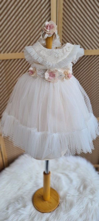 luxe feestjurk-bruidsjurk-doopjurk-vintage jurk-tule jurk -doopsel-bruiloft-fotoshoot-ivoor kleur -haarband-6 maanden-maat 68