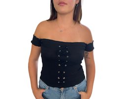 ASTRADAVI Casual Wear - Geribbelde Off-Shoulder Tops Dames - One Size (S/M) - Zwart