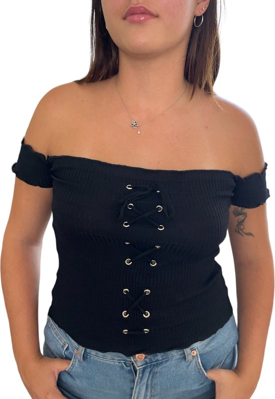 ASTRADAVI Casual Wear - Geribbelde Off-Shoulder Tops Dames - One Size (S/M) - Zwart
