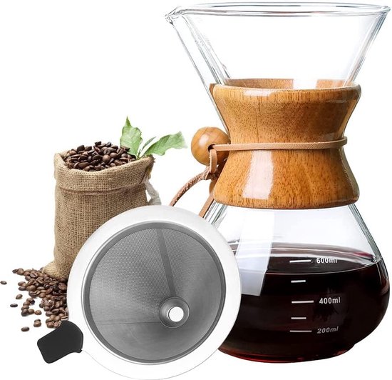 Koffiekan Glas - Cafetiere - Koffiepot Glas - Koffiemaker - Slow Coffee - Pour Over Koffiepot en Kettle - Koffie Dripper - Koffiezetter Gemalen Bonen - RVS Koffiefilter & 800 ML Capaciteit cadeau geven