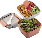 Lunchbox met onderverdeling in vakken, broodtrommel met bestek voor volwassenen en kinderen, duurzaam, lekvrij, saladebox voor school, werk, picknick, reizen (roze)