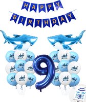 Cijferballon 9 Blauw - Haai - Shark - Ballonnen Megapakket - Slinger Feestvieren - Verjaardag Snoes