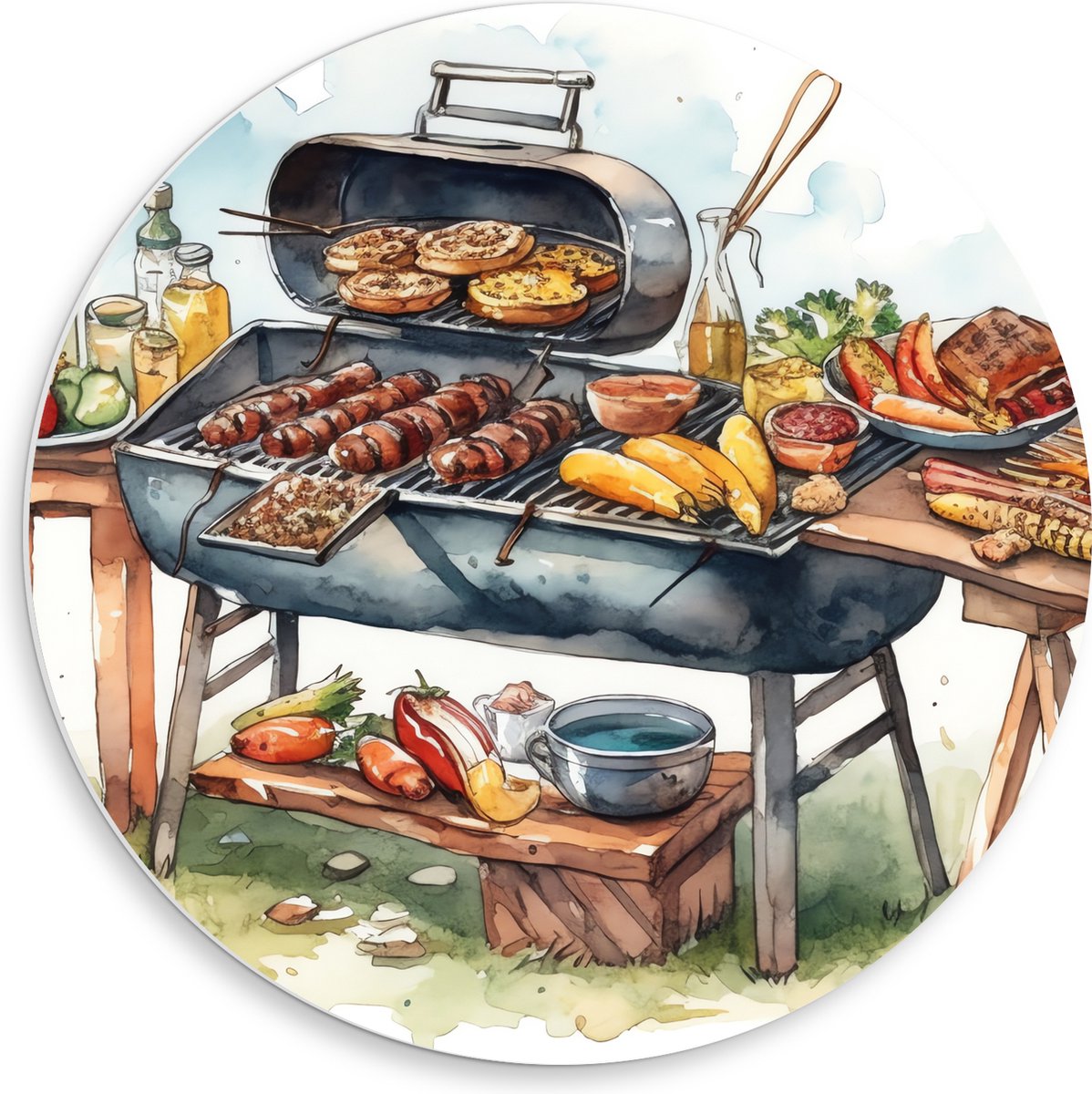PVC Schuimplaat Muurcirkel - Tekening met Barbecue met Eten - 50x50 cm Foto op Muurcirkel 
