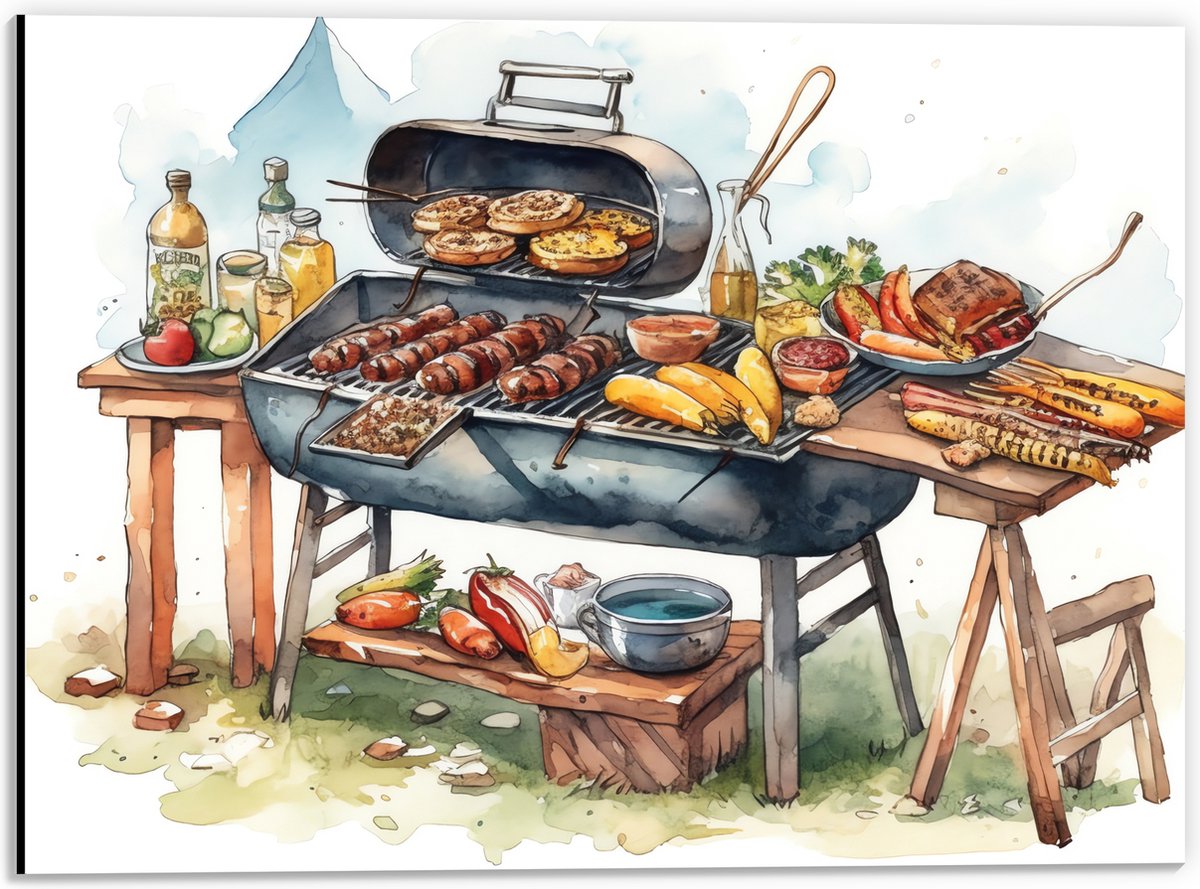 Dibond - Tekening met Barbecue met Eten - 40x30 cm Foto op Aluminium (Wanddecoratie van me