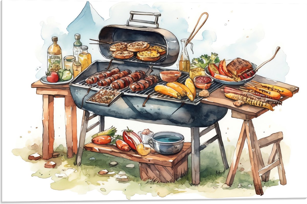 Acrylglas - Tekening met Barbecue met Eten - 60x40 cm Foto op Acrylglas (Wanddecoratie op 