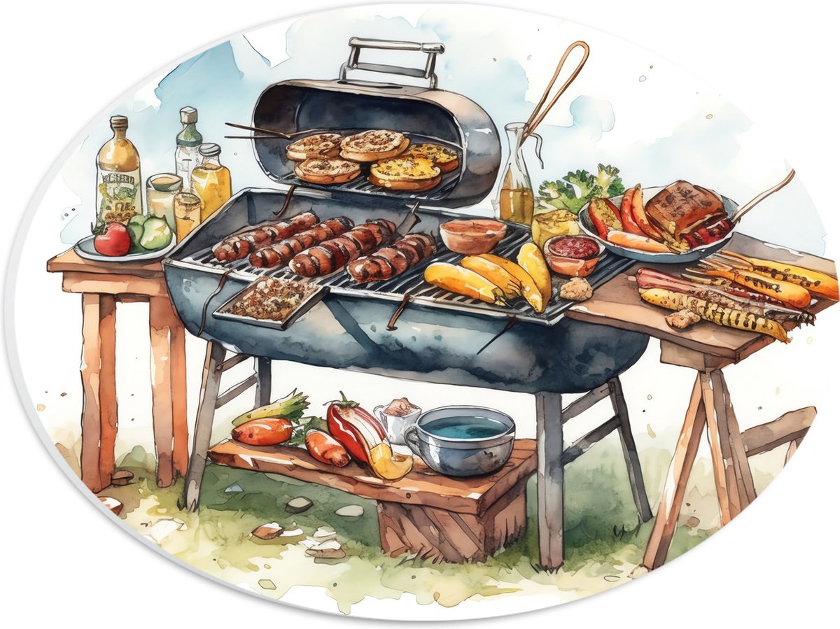 PVC Schuimplaat Ovaal - Tekening met Barbecue met Eten - 28x21 cm Foto op Ovaal (Met Ophan