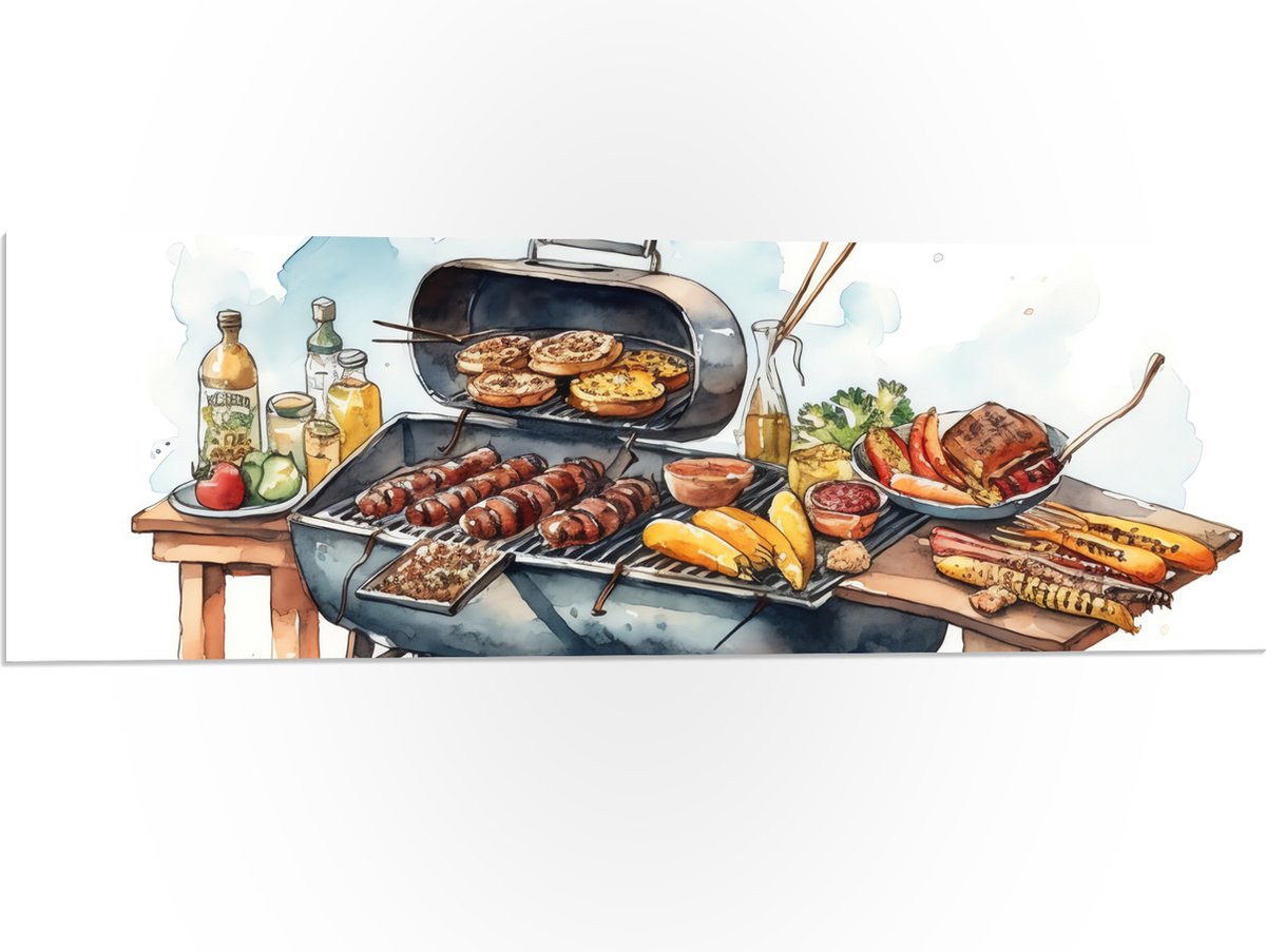 PVC Schuimplaat - Tekening met Barbecue met Eten - 90x30 cm Foto op PVC Schuimplaat (Met O
