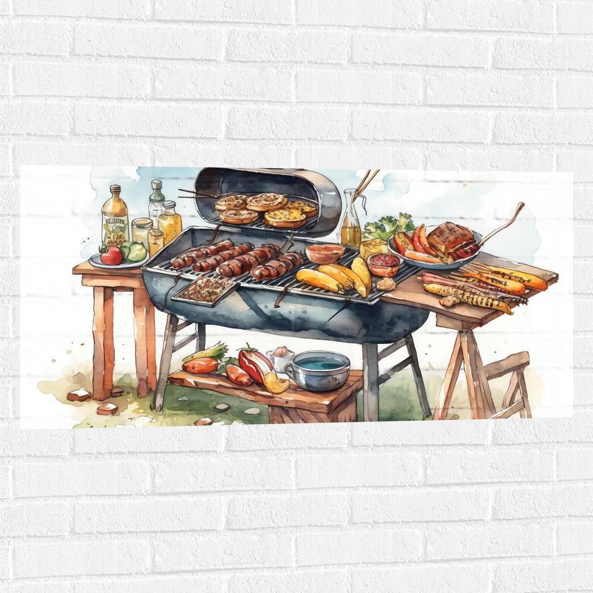 Muursticker - Tekening met Barbecue met Eten - 100x50 cm Foto op Muursticker