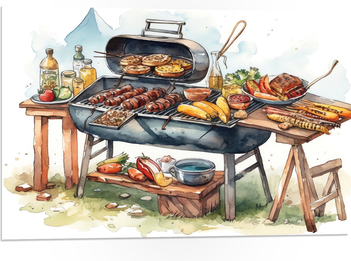 PVC Schuimplaat - Tekening met Barbecue met Eten - 75x50 cm Foto op PVC Schuimplaat (Met O