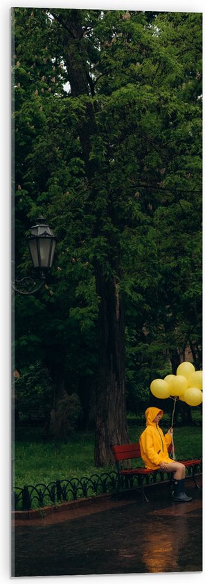 Acrylglas - Bomen - Persoon - Bankje - Parkje - Lantaarnpaal - Regenjas - Ballonnen - Regen - 30x90 cm Foto op Acrylglas (Wanddecoratie op Acrylaat)