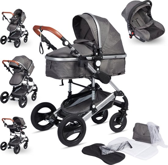 Foto: Bronea exquise luxe multi functionele kinderwagen 3 in 1 meerdere kleurcombinaties incl matras buggy autostoel luiertas regenhoes voetenwarmer muggen net zonneklep grijs zwart