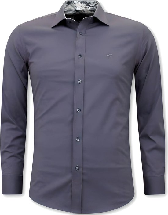 Heren overhemd in grijs, Slim Fit, met een geborduurd logo op de borst.