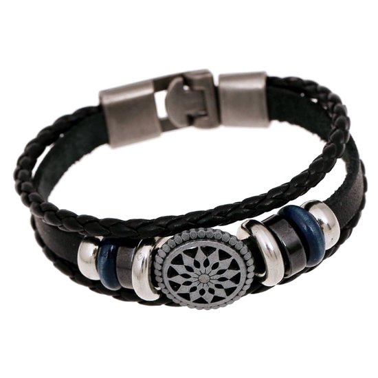Fako Bijoux® - Leren Armband - Leder Exclusive - Cirkel - 20cm - Zwart