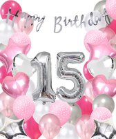 Snoes Ballonnen 15 Jaar Pink Blush Silver Mega Ballon - Compleet Feestpakket 15 Jaar - Verjaardag Versiering Slinger Happy Birthday – Folieballon – Latex Ballonnen - Helium Ballonnen - Zilver en Roze Verjaardag Decoratie