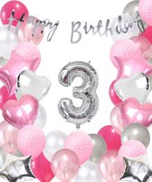 Snoes Ballonnen 3 Jaar Pink Blush Silver Mega Ballon - Compleet Feestpakket 3 Jaar - Verjaardag Versiering Slinger Happy Birthday – Folieballon – Latex Ballonnen - Helium Ballonnen - Zilver en Roze Verjaardag Decoratie