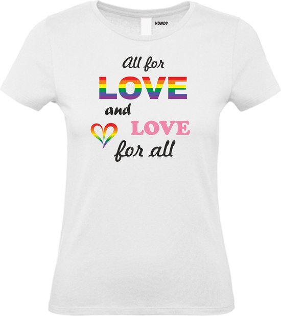 Dames T-shirt Love For All | Gay pride shirt kleding | Regenboog kleuren | LGBTQ | Wit dames | maat M