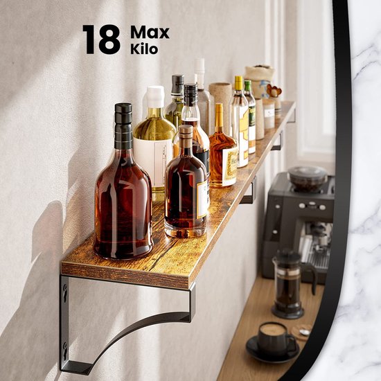 KAYUTOL Rustieke zwevende planken voor muur zonder boren, houten plank wandmontage set van 2, massief houten zwevende planken voor slaapkamer, badkamer, woonkamer, keuken, breed formaat 44x18,5 cm
