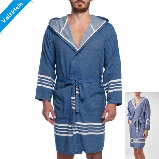Hamam Badjas Sun Royal Blue - M - korte sauna badjas met capuchon - ochtendjas - duster - dunne badjas - unisex - twinning