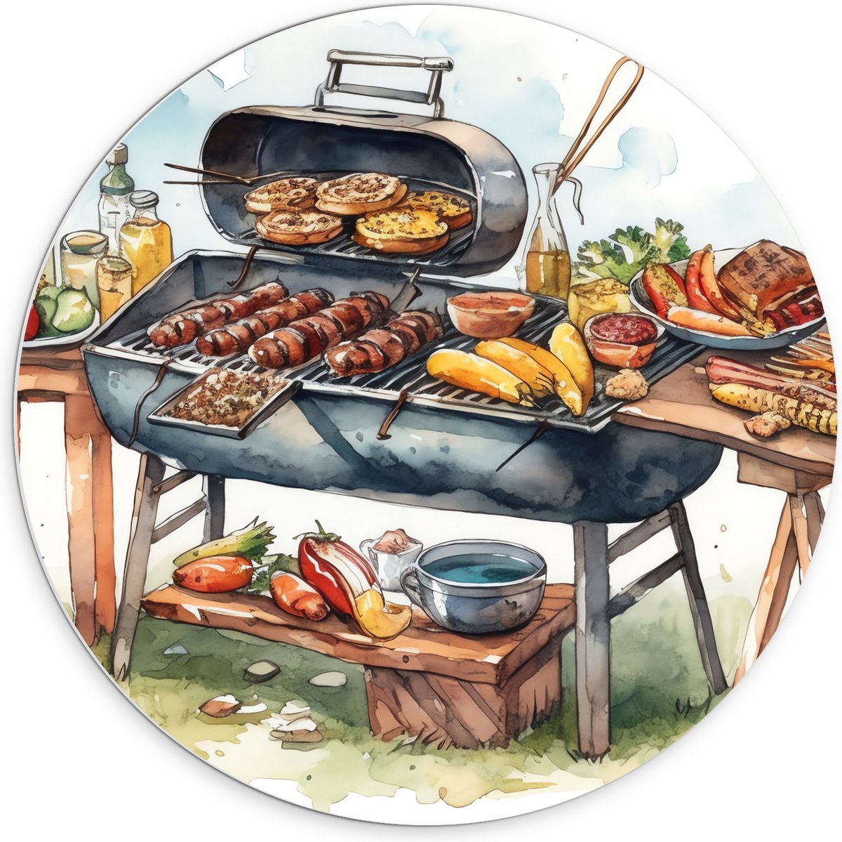 PVC Schuimplaat Muurcirkel - Tekening met Barbecue met Eten - 70x70 cm Foto op Muurcirkel