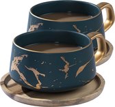 Ensemble de 2 tasses à cappuccino avec soucoupes, 300 ml, tasses à expresso en porcelaine pour thé, café, cappuccino, tasses à café avec disque en bois (2 x vert)