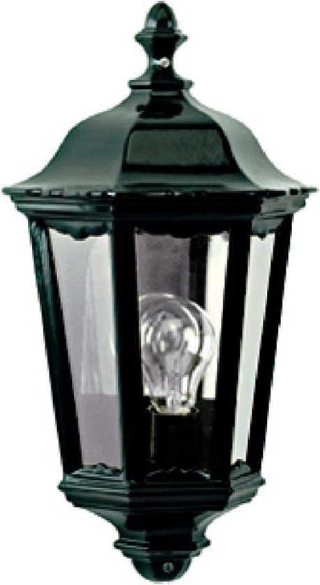 Donkergroene klassieke buitenwandlamp met glas en E27 fitting, op witte achtergrond.